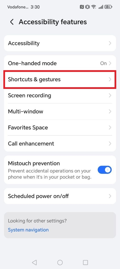 Menu Snelkoppelingen en gebaren
