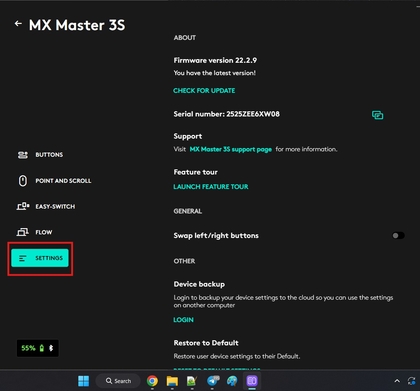 Onglet Param&egrave;tres ouvert dans l'application Logitech Options+