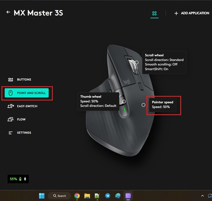Naviguer vers l'onglet Point & Scroll (Pointer et Faire D&eacute;filer) dans Logi Options+