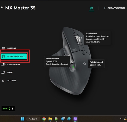Section Point et d&eacute;filement dans Logitech Options Plus