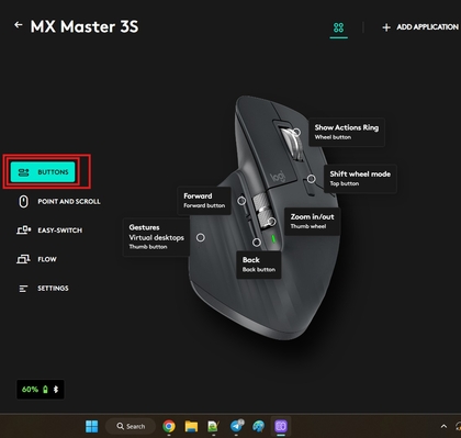 Section des boutons dans Logitech Options