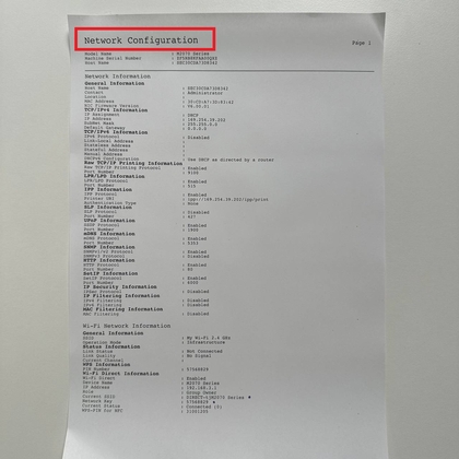 Printing the network configuration page