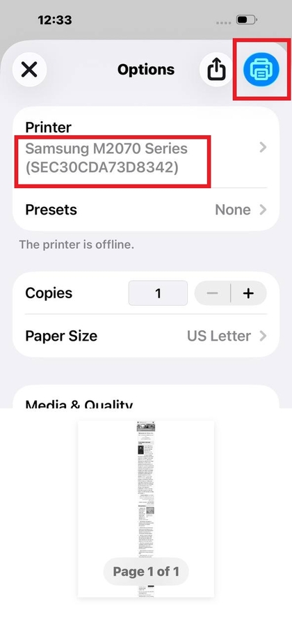 Printing using the Samsung Mobile Print app