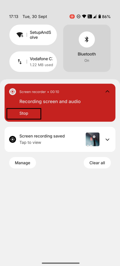 Meldingenpaneel met de melding Schermopname met een prominente knop Stoppen.