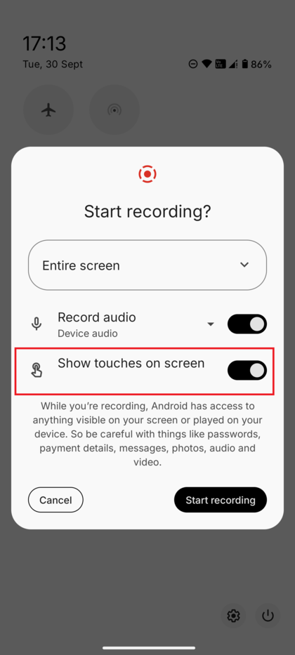 Pop-up met schermrecorderinstellingen met de schakelaar voor 'Aanrakingen op het scherm weergeven'.