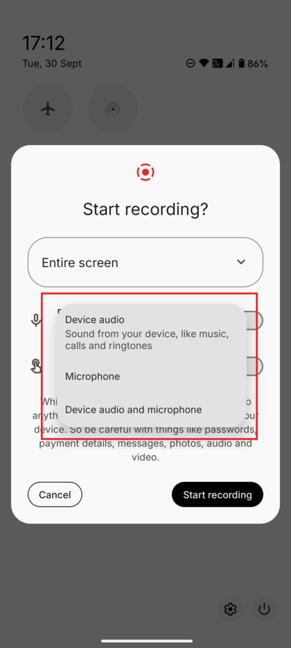 Pop-up met schermrecorderinstellingen met opties voor het kiezen van de audiobron (Geen geluid, Apparaataudio, Microfoon, Apparaataudio en microfoon).