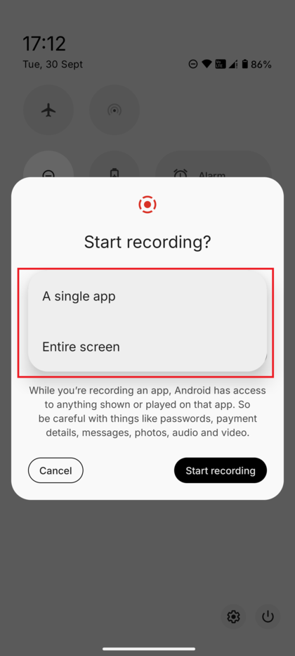 Pop-up met schermrecorderinstellingen met opties voor Enkele app of Volledige scherm.
