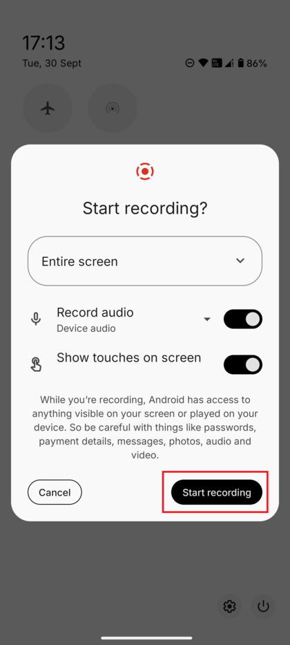 Pop-up met schermrecorderinstellingen met de knop 'Opname starten' onderaan.