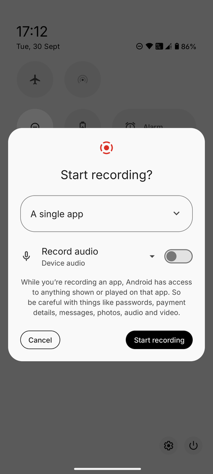 De knop Scherm opnemen gemarkeerd in het menu Snelle instellingen van de Nothing Phone 3.