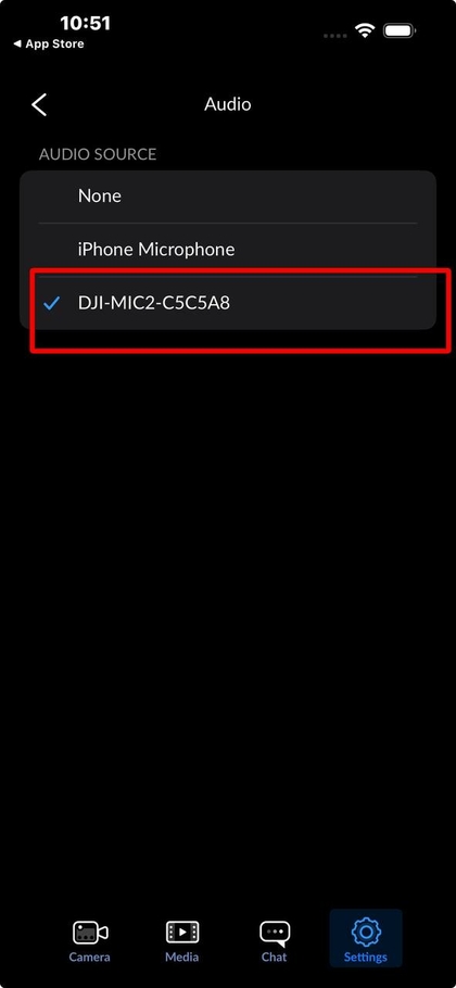 Аудио настройки на приложението Blackmagic Camera, показващи избран DJI Mic 2.