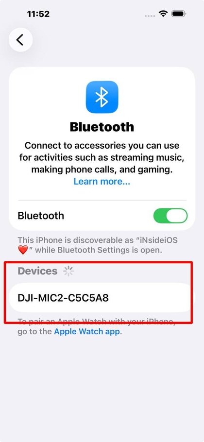 Bluetooth екран на iPhone, показващ DJI Mic 2, наличен за сдвояване.
