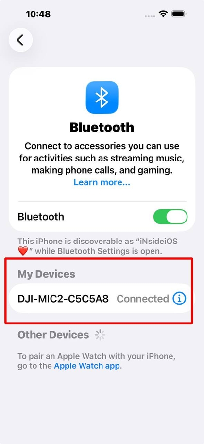 Bluetooth екран на iPhone, показващ свързан DJI Mic 2.
