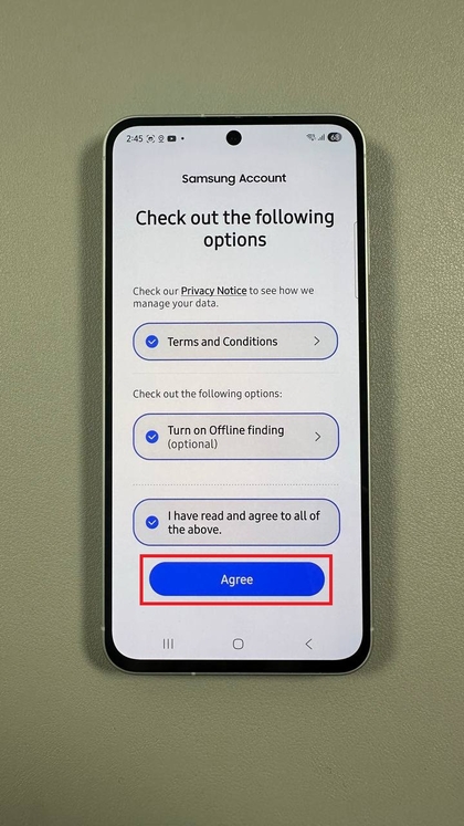 Skrini inayoonyesha sheria na masharti ya Akaunti ya Samsung