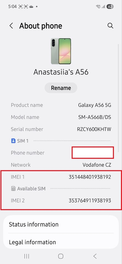 IMEI details in About Phone settings on Samsung Galaxy A56 (Detalji IMEI u postavkama O telefonu na Samsung Galaxy A56)