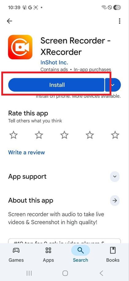 Google Play Store search for X Recorder