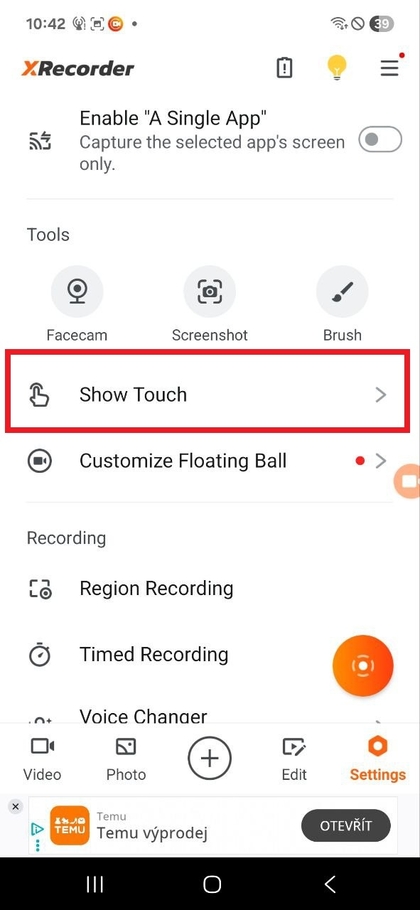 X Recorder configuration for touch