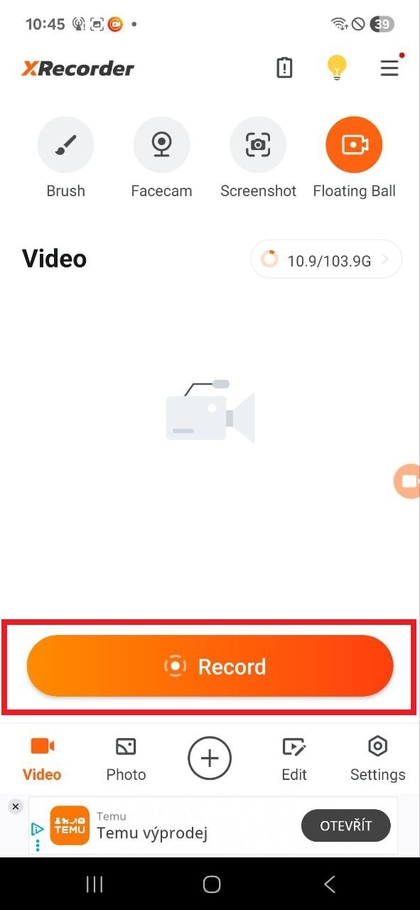 X Recorder settings and record button