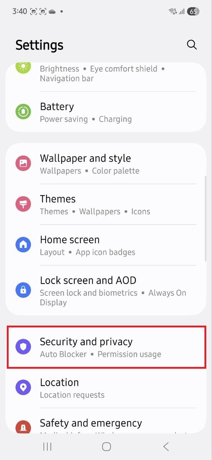 Opțiunea de meniu Securitate și confidențialitate Samsung Galaxy A56