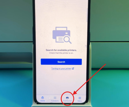 Skrini ya nyumbani ya programu ya Canon Print inaonyesha kitufe cha ongeza printa