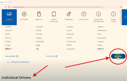 Tovuti ya usaidizi ya Canon inaonyesha kitufe cha kupakua dereva kwa modeli ya printa