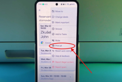 Skrini ya simu ya mkononi inaonyesha chaguo la Chapisha katika programu ya barua pepe