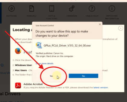 Windows inauliza ruhusa ya kusakinisha Canon