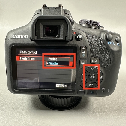 R&eacute;glage de d&eacute;sactivation du flash dans le menu Canon