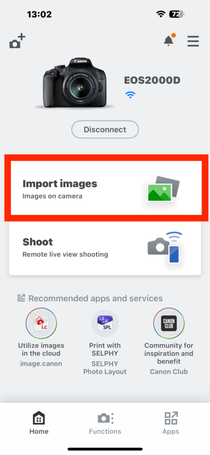 Image transfer option on Canon camera app