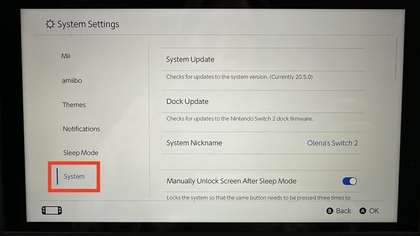 Systeemopties op Nintendo Switch 2
