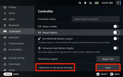 Calibrage et param&egrave;tres avanc&eacute;s sur Steam Deck