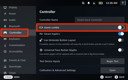 Interface des param&egrave;tres de la manette du Steam Deck