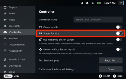 &Eacute;cran des param&egrave;tres haptiques du Steam Deck