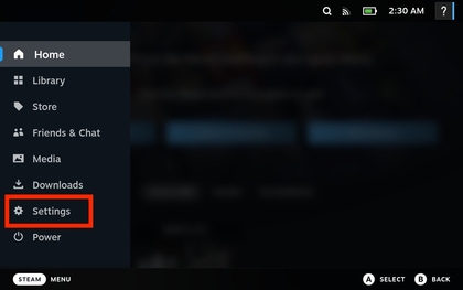 Menu Steam Deck avec 'Param&egrave;tres' en surbrillance