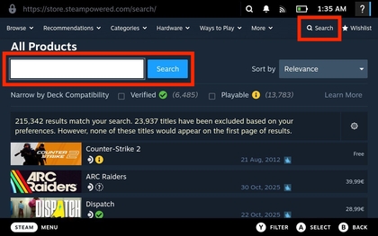 Spiele auf dem Steam Deck suchen