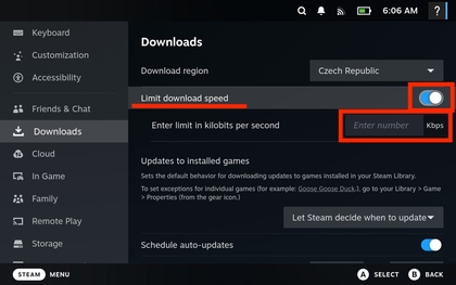 Anpassen der Download-Geschwindigkeitsbegrenzung auf dem Steam Deck OLED