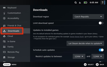 Navigieren zum Downloads-Bereich auf dem Steam Deck OLED