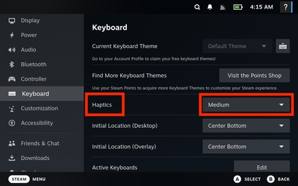 Haptik-Intensit&auml;tseinstellungen verf&uuml;gbar in low (niedrig), medium (mittel), high (hoch) und off (aus)