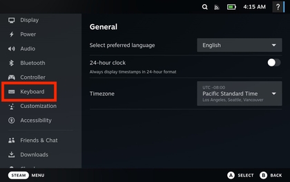 Bereich Keyboard (Tastatur) im Einstellungsmen&uuml;