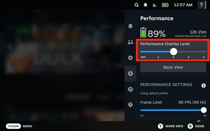 Optionen f&uuml;r das Performance Overlay Level (Leistungs-Overlay-Stufe) in den Steam Deck OLED Einstellungen