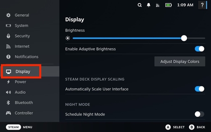 Option Anzeigeeinstellungen auf Steam Deck hervorgehoben