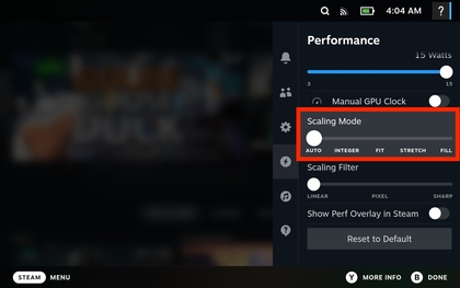 Optionen f&uuml;r den Skalierungsmodus auf dem Steam Deck OLED