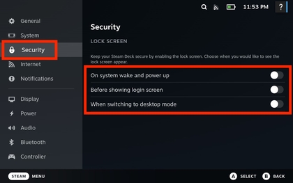 Sicherheitseinstellungen-Men&uuml; auf dem Steam Deck OLED