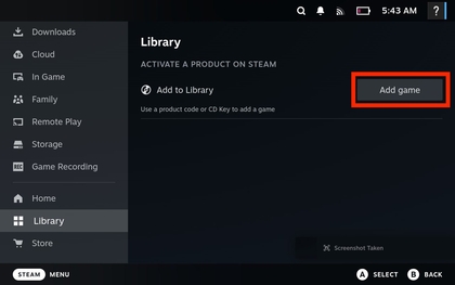Option 'Spiel hinzuf&uuml;gen' in der Steam-Bibliothek