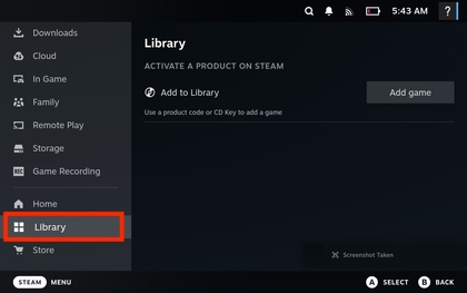 Zum Abschnitt Bibliothek in den Steam Deck Einstellungen scrollen