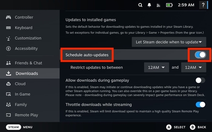 Schalter f&uuml;r automatische Updates in den Steam Deck Einstellungen