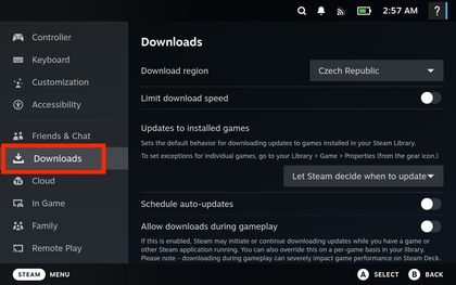 Downloads (Downloads)-Bereich in den Steam Deck Einstellungen