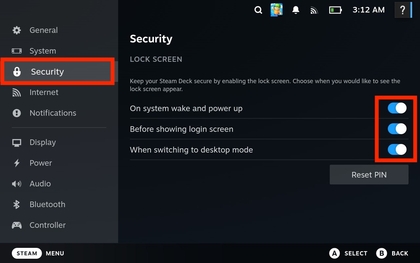 Option Sicherheitseinstellungen auf Steam Deck OLED hervorgehoben