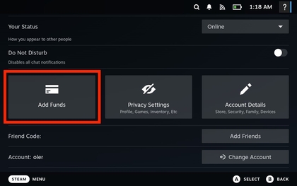 Option 'Guthaben hinzuf&uuml;gen' auf der Steam Deck OLED-Konsole