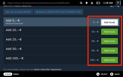 Auswahl des Guthabenbetrags im Steam Deck