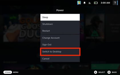 Einschaltknopf gedr&uuml;ckt halten, um auf dem Steam Deck in den Desktop-Modus zu wechseln